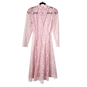 VINTAGE lace midi dress in powder‎ Pink long sleeve sheer size 3/4
